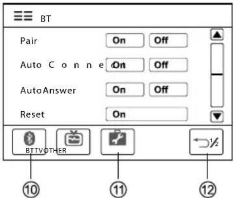BT Pair On Off Auto Con ne On Off AutoAnswer On Off Reset On BTTVOTHER ⑩ ⑪ ⑫
