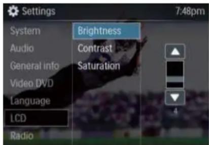 Settings System Brightness Audio Contrast General info Saturation Video DVD Language LCD Radio 7:48pm