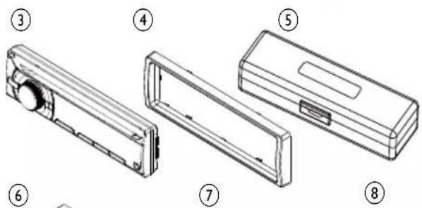 Technical diagram showing eight labeled views of a mechanical device, including a housing and casing with numbered annotations.