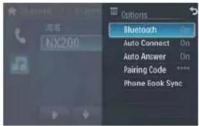 Options Bluetooth On Auto Connect On Auto Answer On Pairing Code ***** Phone Book Sync