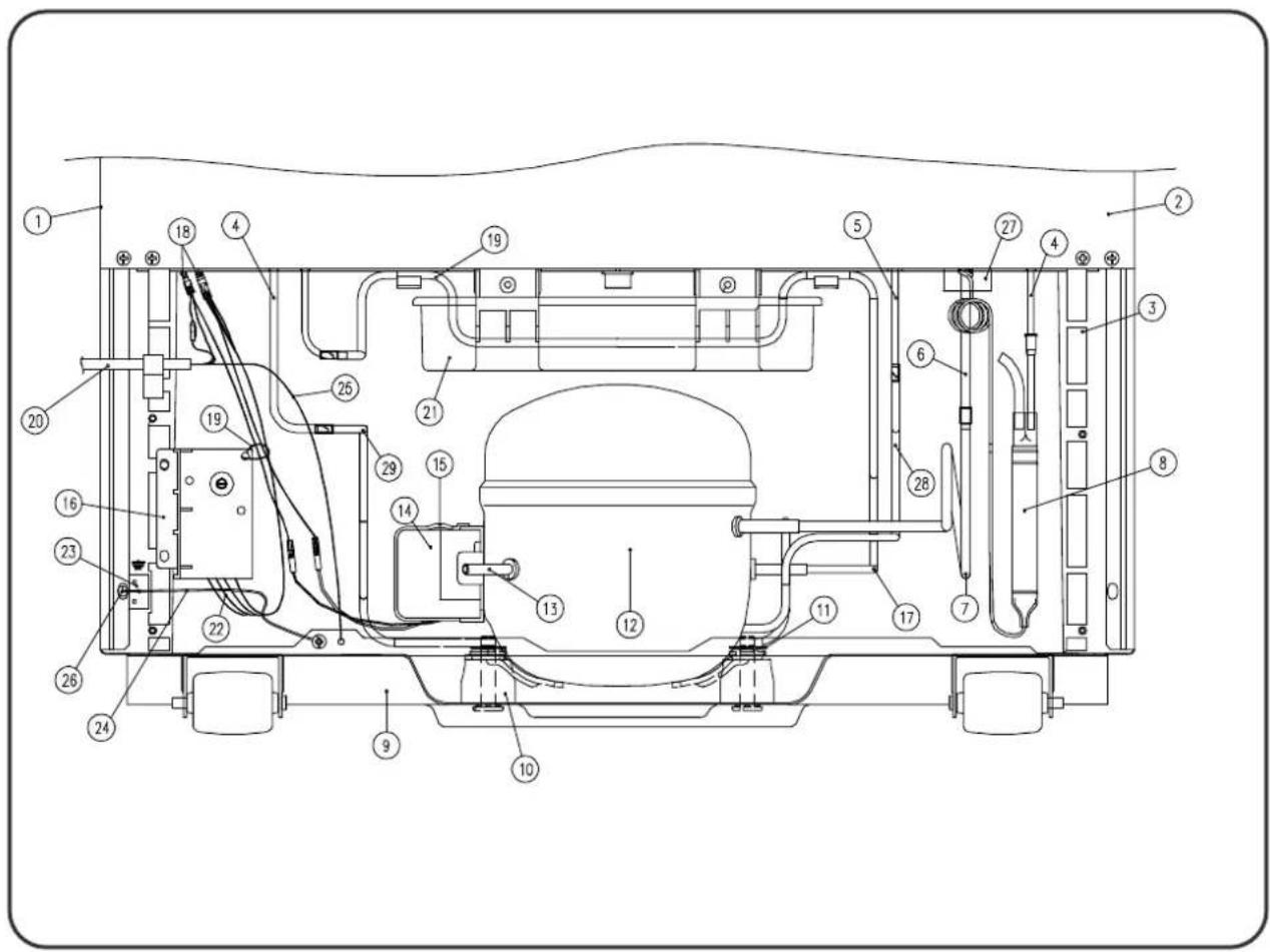 Technical diagram of a vehicle chassis with numbered components for identification and assembly reference.