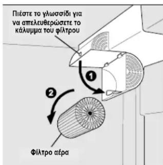 Πέστε το γλωσσίδι για να απελευθερώσετε το κάλυμμα του φίλτρου ① ② Φίλτρο αέρα