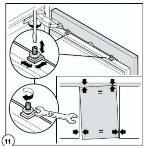 Technical diagram illustrating mechanical assembly steps with labeled components and directional arrows