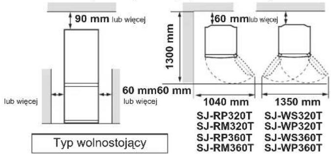 90 mm lub więcej 1300 mm 60 mm lub więcej 60 mm60 mm 1040 mm 1350 mm Typ wolnostojący SJ-RP320T SJ-WS320T SJ-RM320T SJ-WP320T SJ-RP360T SJ-WS360T SJ-RM360T SJ-WP360T