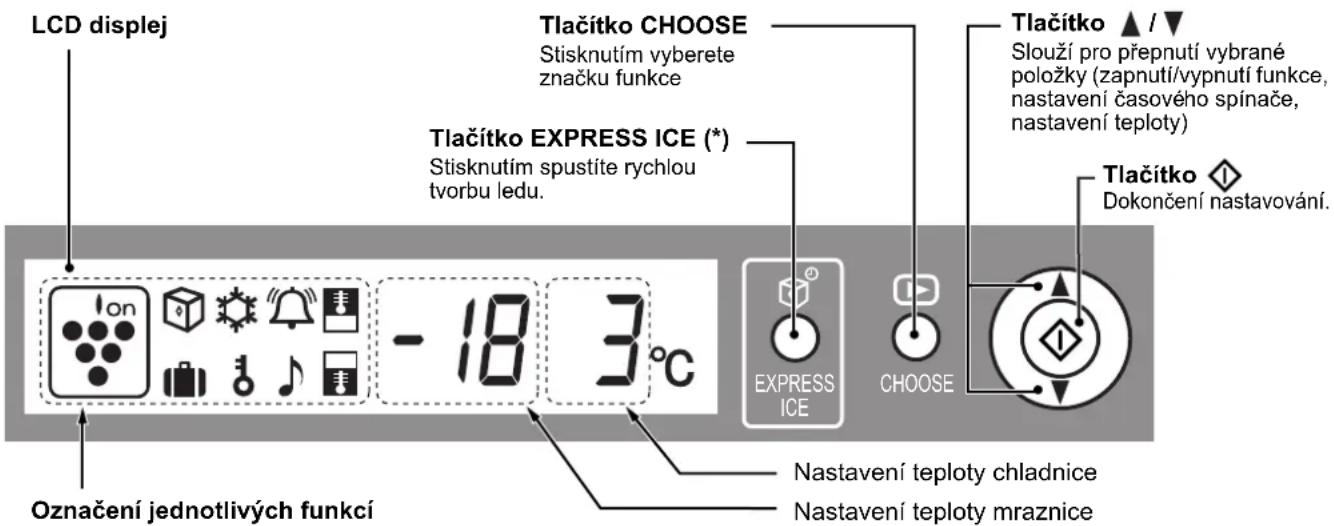 LCD displej Tlačítko CHOOSE Stisknutím vyberete značku funkce Tlačítko EXPRESS ICE (*) Stisknutím spustíte rychlou tvorbu ledu. -18 3°C Označení jednotlivých funkcí Nastavení teploty chladničky Nastavení teploty mrazničky Tlačítko ▲ / ▼ Slouží pro přepnutí vybrané položky (zapnutí/vypnutí funkce, na…