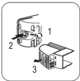 Diagram showing three labeled parts of a mechanical device with directional arrows indicating motion or assembly.
