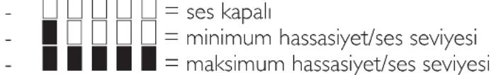 - □□□□□□□= ses kapalı - ■□□□□□□= minimum hassasiyet/ses seviyesi - ■■■■■■■■= maksimum hassasiyet/ses seviyesi