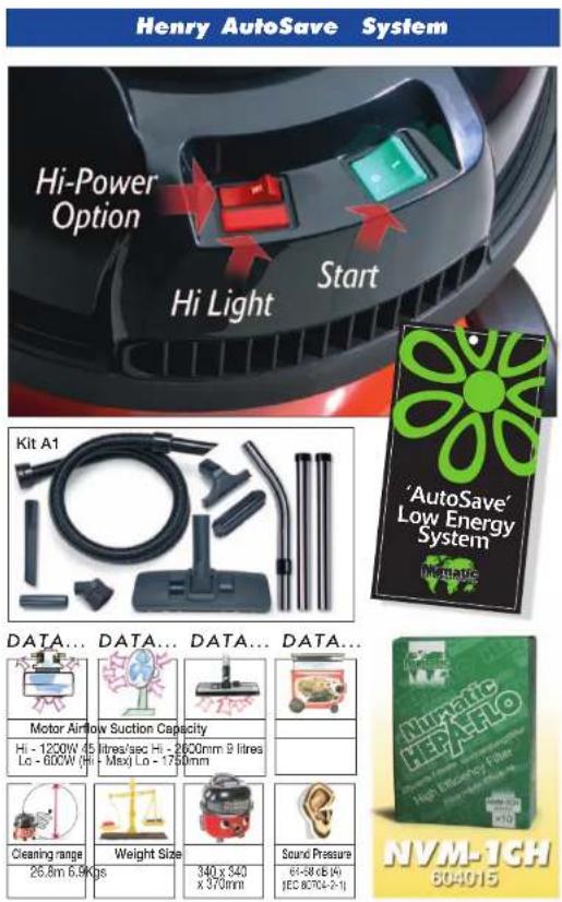 Henry AutoSave System Hi-Power Option Start Hi Light Kit A1 'AutoSave' Low Energy System Magnetic DATA... DATA... DATA... DATA... Motor Airflow Low Suction Capacity Hi - 1200W / 45 Lo - 600W (Hi) litres/sec Hi - 2600mm B litres - Max) Lo - 1750mm Cleaning range 26.8m 6.9Kgs Weight Size 340 x 340 x 379mm Sound Pressure 65-58 dB/40 (EC 8C704-2-1) NVM-1CH 604015