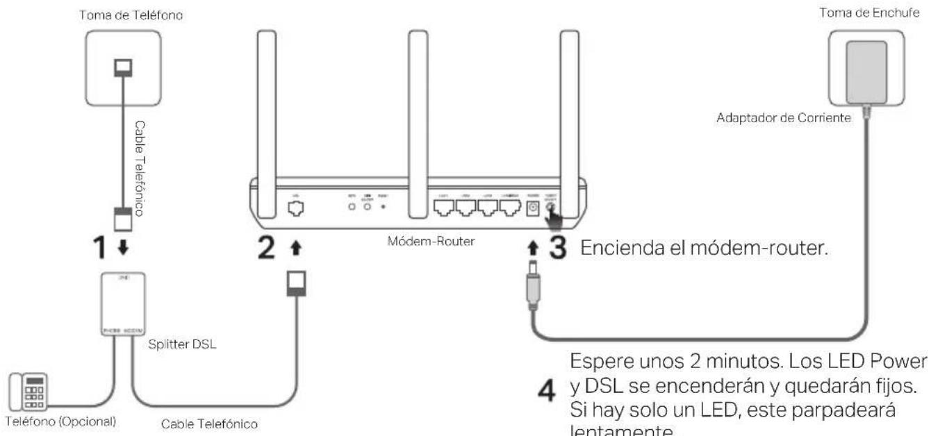 graph TD A["Toma de Teléfono"] -->|1| B["Cable Telefónico"] B --> C["Splitter DSL"] C --> D["Cable Telefónico"] D --> E["Módem-Router"] E --> F["Encienda el módem-router."] F --> G["Toma de Enchufe"] G --> H["Adaptador de Corriente"] I["Teléfono (Opcional)"] --> C J["Espere unos 2 minutos. Los LED P…