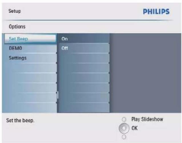 Setup PHILIPS Options Set Beep On DEMO Off Settings Set the beep. Play Slideshow OK