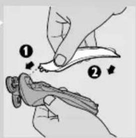 Illustration showing two-step instructions for using a tool, labeled with arrows and numbered parts.