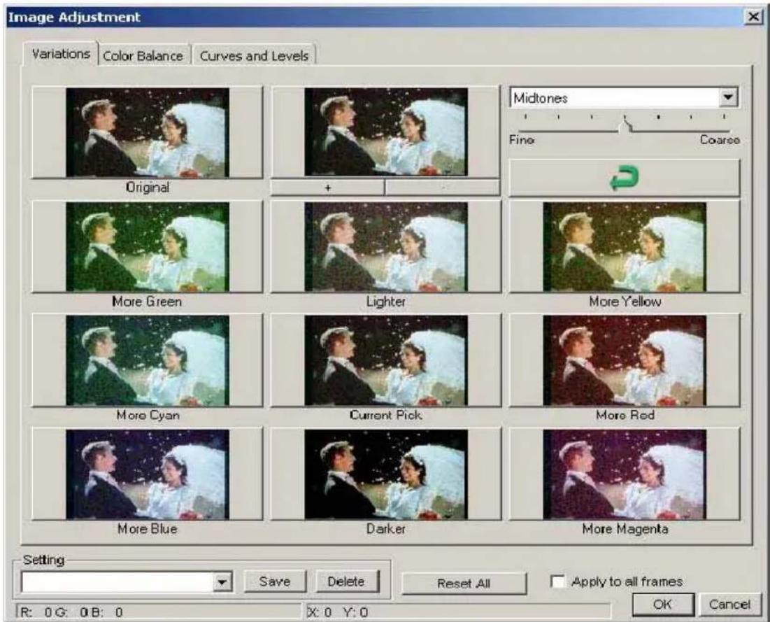 Image Adjustment Variations Color Balance Curves and Levels Midtones Fine Coarse Original + More Green Lighter More Yellow More Cyan Current Pick More Red More Blue Darker More Magenta Setting Save Delete Reset All Apply to all frames R: 0G: 0B: 0 X: 0 Y: 0 OK Cancel