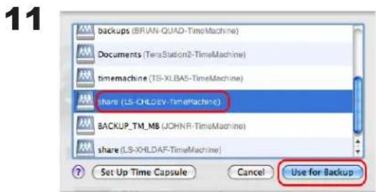 11 backups (BRIAN-QUAD-TimeMachine) Documents (TeraStation2-TimeMachine) timemachine (TS-XLBAS-TimeMachine) share (LS-OHLDEV-TimeMachine) BACKUP_TM_MB (JOHNR-TimeMachine) share (LS-XHLDAF-TimeMachine) Set Up Time Capsule Cancel Use for Backup
