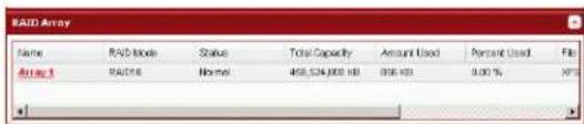 RAID Array Name RAID Mode Status Total Capacity Amount Used Percent Used Fill Array 1 RAD06 Normal 458,324,000 KB 896 KB 0.00 % XPS