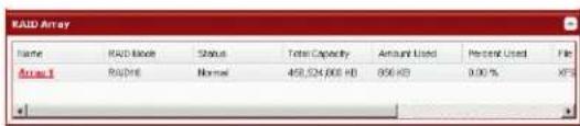 RAID Array Name RAID Mode Status Totai Capacity Amount Used Present Used Fil Array 1 RADIN6 Normel 458,524,600 KB 656 KB 0.00 % XFS