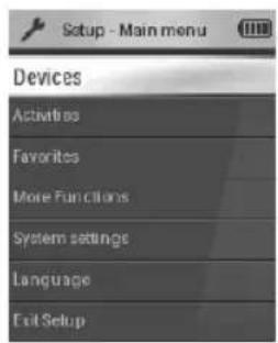 Setup - Main menu Devices Activities Favorites More Functions System settings Language Exit Setup