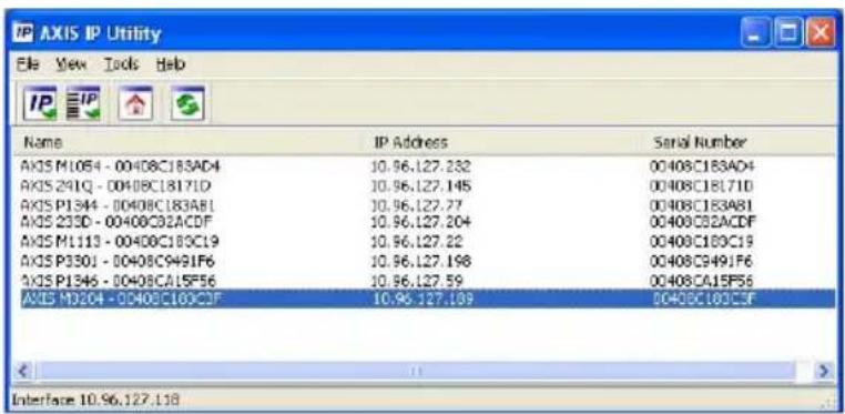 IP AXIS IP Utility File View Tools Help Name IP Address Serial Number AXIS M1064 - 00408C183AD4 10.96.127.232 00408C183AD4 AXIS 291Q - 00408C1817ID 10.96.127.145 00408C1817ID AXIS P1344 - 00408C183AB1 10.96.127.27 00408C183AB1 AXIS 235D - 00408C32ACDF 10.96.127.204 00408C32ACDF AXIS M1113 - 00408C183C19 10.96.127.22 00408C183C19 AXIS P3301 - 00408C949IF6 10.96.127.198 00408C949IF6 AXIS P1346 - 00408CA15F56 10.96.127.59 00408CA15F56 AXIS M3204 - 00408C183CDF 10.96.127.139 00408C183CDF Interface 10.96.127.118