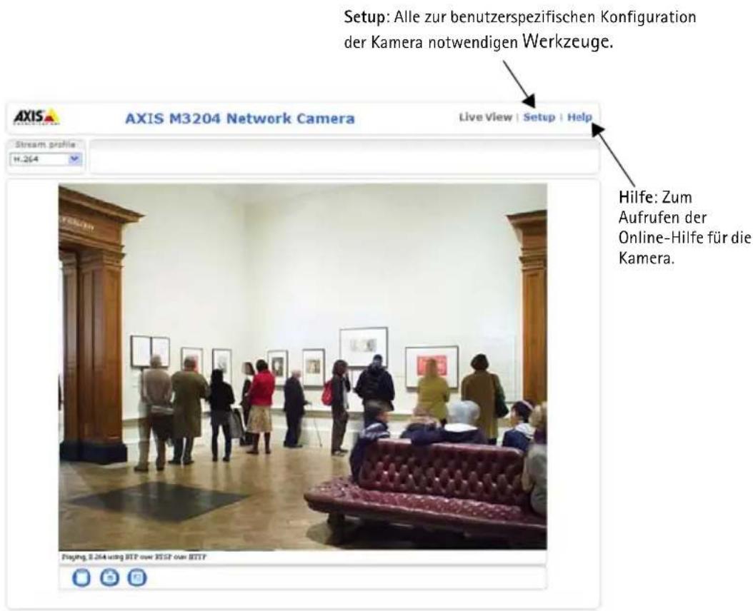 Setup: Alle zur benutzerspezifischen Konfiguration der Kamera notwendigen Werkzeuge. AXIS M3204 Network Camera Live View | Setup | Help Stream profile H-264 Hilfe: Zum Aufrufen der Online-Hilfe für die Kamera. Playing, 2.264 using FTP over XISP via HTTP