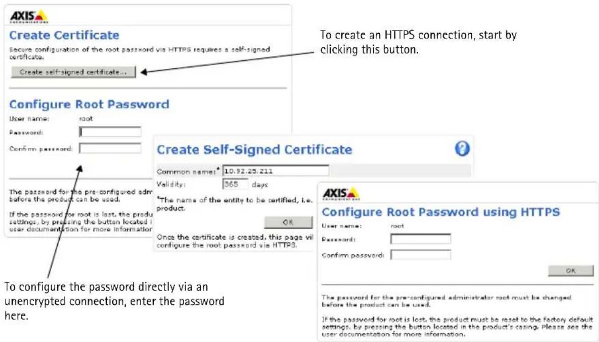 To create an HTTPS connection, start by clicking this button. Configure Root Password Create Self-Signed Certificate User name: root Password: Confirm password: The password for the pre-configured admin before the product can be used. If the password for root is lost, the product settings, by pressing the button located in user documentation for more information. To configure the password directly via an unencrypted connection, enter the password here. To configure the password directly via an unencrypted connection, enter the password here. To create an HTTPS connection, start by clicking this button. Configure Root Password using HTTPS User name: root Password: Confirm password: The password for the pre-configured administrator root must be changed before the product can be used. If the password for root is lost, the product must be reset to the factory default settings, by pressing the button located in the product's casing. Please see the user documentation for more information.