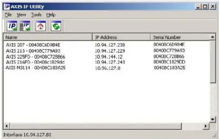AXIS IP Utility File View Tools Help Name IP Address Serial Number AXIS 207 - 00408C6D9B4E 10.94.127.238 00408C6D9B4E AXIS 213 - 00408C779A93 10.94.127.229 00408C779A50 AXIS 225FD - 00408C728B66 10.94.144.12 00408C728B66 AXIS 216FD - 00408c1829dd 10.94.127.243 00408C1829DD AXIS N3114 - 00408C183A25 10.96.127.0 00408C183A25 Interface 10.94.127.83