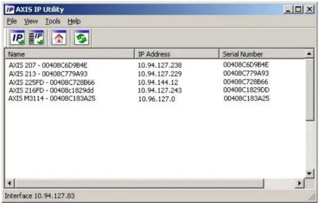 IP AXIS IP Utility File View Tools Help Name IP Address Serial Number AXIS 207 - 00408C6D9B4E 10.94.127.238 00408C6D9B4E AXIS 213 - 00408C779A93 10.94.127.229 00408C779A93 AXIS 225FD - 00408C728B66 10.94.144.12 00408C728B66 AXIS 216FD - 00408c1829dd 10.94.127.243 00408C1829DD AXIS M3114 - 00408C183A25 10.96.127.0 00408C183A25 Interface 10.94.127.83
