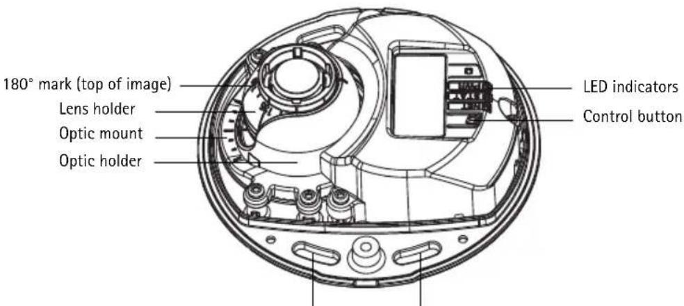 180° mark (top of image) Lens holder Optic mount Optic holder LED indicators Control button