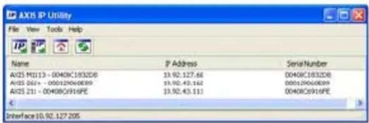 AXIS IP Utility File View Tools Help Name ? Address SerialNumber AXIS M1113 - 00409C1832D8 13.92.127.66 00409C1832D8 AXIS 06+ - 000129040E89 13.92.43.162 000129040E89 AXIS 211 - 00409C9916PE 13.92.43.111 00409C9916PE Interface 10.92.127.205