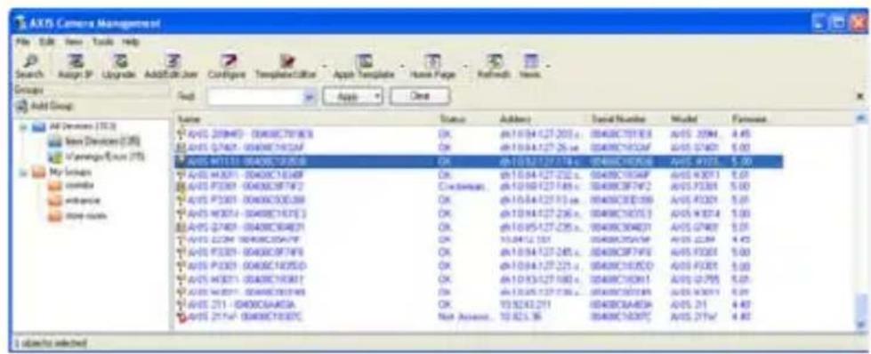 AXIS Camera Management File Edit View Tools Help Search Assign SP Upgrade Add/Offs/Show Configure Templates/Cell App Store Template Hume Page Refresh News Groups Add Group Name Status Address Serial Number Model Features AVIS 209401-0040C701963 OK sh10:04.127.203 x 0040C701938 AVIS 2094 4.45 AVIS 07462-0040C70192AF OK sh10:04.127.25 ex 0040C701924 AVIS 07462 5.00 AVIS WT1311-0040C701928 OK sh10:04.127.178 x 0040C701928 AVIS WT131 5.00 AVIS WT301-0040C71049F OK sh10:04.127.232 x 0040C71049F AVIS WT301 5.01 AVIS WT309-0040C8374F2 Clockwise, sh10:04.127.185 x 0040C8374F2 AVIS WT309 5.00 AVIS WT310-0040C8363B8 OK sh10:04.127.13 ex 0040C8363B8 AVIS WT310 5.01 AVIS WT311-0040C8372E3 OK sh10:04.127.236 x 0040C8372E3 AVIS WT311 5.00 AVIS WT312-0040C8368E1 OK sh10:05.127.235 x 0040C8368E1 AVIS WT312 5.01 AVIS WT313-0040C835A7F OK sh10:05.127.257 x 0040C835A7F AVIS WT313 4.42 AVIS WT325-0040C8374F6 OK sh10:04.127.245 x 0040C8374F6 AVIS WT325 5.01 AVIS WT326-0040C8372S5D OK sh10:04.127.221 x 0040C8372S5D AVIS WT326 5.02 AVIS WT327-0040C8378E1 OK sh10:05.127.265 x 0040C8378E1 AVIS WT327 5.01 AVIS WT328-0040C8374F6 OK sh10:05.127.236 x 0040C8374F6 AVIS WT328 5.01 AVIS WT329-0040C836A8A OK NS Account: 19 825.36 8948C6A8A9C AVIS WT329 4.82 AVIS WT33A-0040C836BCStatus Address Serial Number Model Features AVIS WT33- - - - - - - - - - - - - - - - - - - - - - - - - - - - - - - - - - - - - - - - - - - - - - - - - - - - - - - - - - - - - - - - - - - - - - - - - - - - - - - - - - - - - - - - - - - - - - - - - - - - -