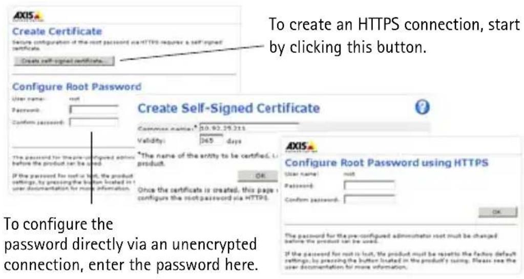 To create an HTTPS connection, start by clicking this button. Configure Root Password Create Self-Signed Certificate User name: not Password: Confirm password: Common name: 20.92.25.211 Validity: 365 days The password is the pre-configured action before the product can be used. *The name of the entity to be certified, L product. If the password for not is lost, the product settings, by pressing the button located in t user documentation for more information. Once the certificate is created, this page: configures the root password via HTTPS. To configure the password directly via an unencrypted connection, enter the password here. Configure Root Password using HTTPS User name: not Password: Confirm password: OK The password for the pre-configured administrator root must be changed before the product can be used. If the password for not is lost, the product must be resetto the factory default settings, by pressing the button located in the product's using. Please see the user documentation for more information.