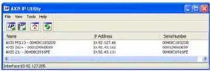 AXIS IP Utility File View Tools Help Name P Address SerialNumber AXIS MT113 - 00408C1832D0 19.92.127.68 00408C1832D8 AXIS 362+ - 000129040E09 19.92.43.162 000129040E09 AXIS 211 - 00408C916PE 19.92.43.111 00408C916PE € Interface 10.92.127 205