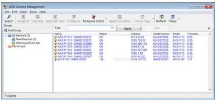 AIDS Camera Management File Edit View Tools Help Search Assign IP Upgrade Add/Edit User Configure Template Editor Apply Template Home Page Refresh Views Groups Add Group Name Status Achieve Serial Number Model Firmware AXIS P1311-00408C183279 OK 10.12.24.94 00408C1832... AXIS P13...5.05 AXIS P1311-00408C18327C OK 10.05.158.55 00408C1832... AXIS P13...5.05 AXIS P1343-00408C1836BD OK 10.94.200.104 00408C1836... AXIS P13...5.05 AXIS P1343-00408C183674 OK 10.94.47.36 00408C1836... AXIS P13...5.05 AXIS P1344-00408C183684 OK 10.84.127.220 00408C1836... AXIS P13...5.05 AXIS P1346-00408C1836ED OK 10.85.1.60 00408C1836... AXIS P13...5.05 AXIS P1346-00408C1836CF OK 10.92.42.223 00408C1836... AXIS P13...5.05 AXIS P1347-00408C1837D OK 10.96.127.172 00408C1837D AXIS P1347 5.11 7 objects