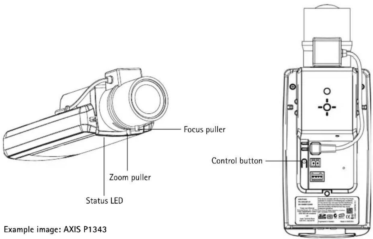 Focus puller Zoom puller Status LED Control button Example image: AXIS P1343