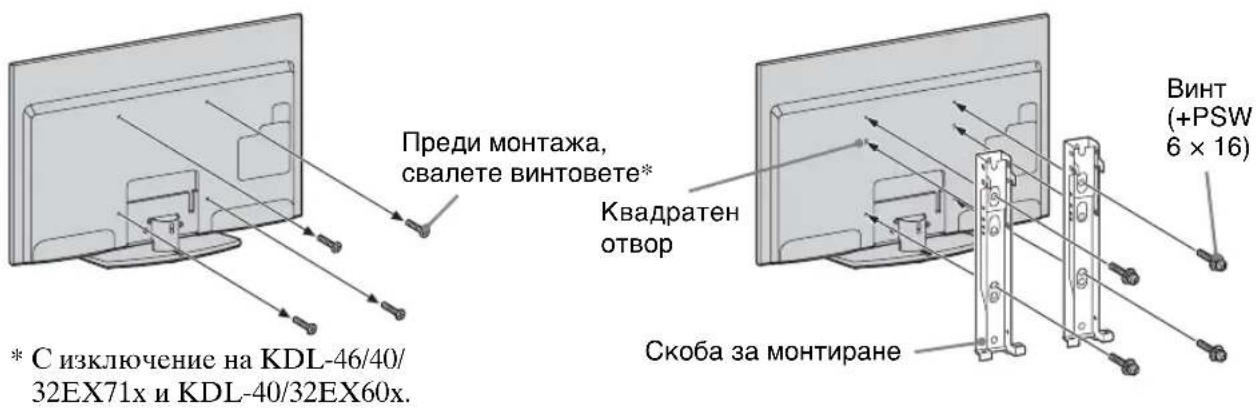 Преди монтажа, свалете винтовете* Квадратен отвор Скоба за монтиране * С изключение на KDL-46/40/ 32EX71x и KDL-40/32EX60x. Винт (+PSW 6 x 16)