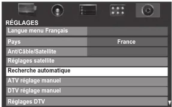 RÉGLAGES Langue menu Français Pays France Ant/Câble/Satellite Réglages satellite Recherche automatique ATV réglage manuel DTV réglage manuel Réglages DTV