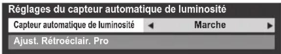 Réglages du capteur automatique de luminosité Capteur automatique de luminosité ← Marche ► Ajust. Rétroéclair. Pro