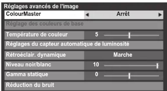 Réglages avancés de l'image ColourMaster Arrêt Réglage des couleurs de base Température de couleur 5 Réglages du capteur automatique de luminosité Rétroéclair. dynamique Marche Niveau noir/blanc 10 Gamma statique 0 Réduction du bruit
