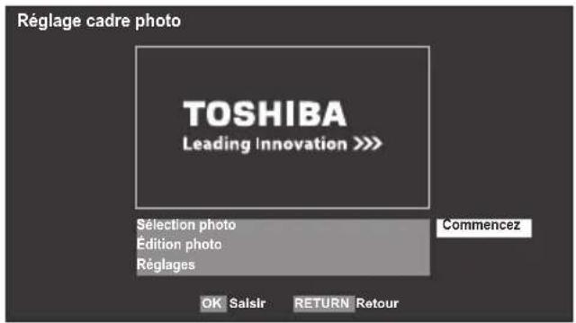 Réglage cadre photo TOSHIBA Leading Innovation >> Sélection photo Édition photo Réglages Commencez OK Salsir RETURN Retour