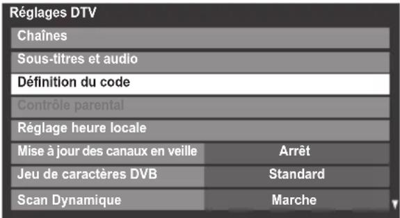 Réglages DTV Chaines Sous-titres et audio Définition du code Contrôle parental Réglage heure locale Mise à jour des canaux en veille Arrêt Jeu de caractères DVB Standard Scan Dynamique Marche