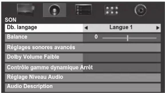SON Db. langage Langue 1 Balance 0 Réglages sonores avancés Dolby Volume Faible Contrôle gamme dynamique Arrêt Réglage Niveau Audio Audio Description