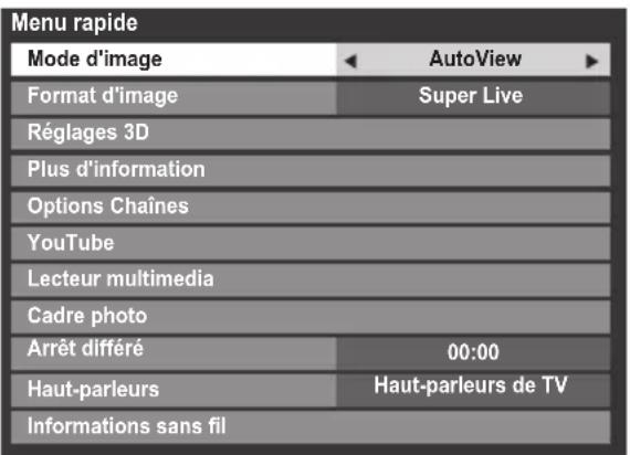 Menu rapide Mode d'image AutoView Format d'image Super Live Réglages 3D Plus d'information Options Chaînes YouTube Lecteur multimedia Cadre photo Arrêt différé 00:00 Haut-parleurs Haut-parleurs de TV Informations sans fil