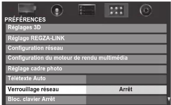 PRÉFÉRENCES Réglages 3D Réglage REGZA-LINK Configuration réseau Configuration du moteur de rendu multimédia Réglage cadre photo Télétexte Auto Verrouillage réseau Arrêt Bloc. clavier Arrêt