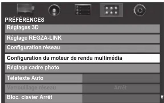 PRÉFÉRENCES Réglages 3D Réglage REGZA-LINK Configuration réseau Configuration du moteur de rendu multimédia Réglage cadre photo Télétexte Auto Verrouillage réseau Arrêt Bloc. clavier Arrêt