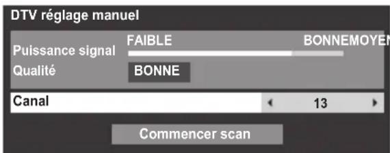 DTV réglage manuel Puissance signal FAIBLE BONNEMOYEN Qualité BONNE Canal 13 Commencer scan