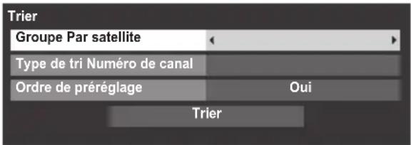 Trier Groupe Par satellite Type de tri Numéro de canal Ordre de préréglage Oui Trier