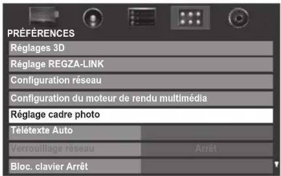 PRÉFÉRENCES Réglages 3D Réglage REGZA-LINK Configuration réseau Configuration du moteur de rendu multimédia Réglage cadre photo Télétexte Auto Verrouillage réseau Arrêt Bloc. clavier Arrêt
