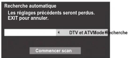 Recherche automatique Les réglages précédents seront perdus. EXIT pour annuler. DTV et ATVMode Recherche Commencer scan