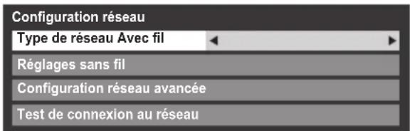 Configuration réseau Type de réseau Avec fil Réglages sans fil Configuration réseau avancée Test de connexion au réseau