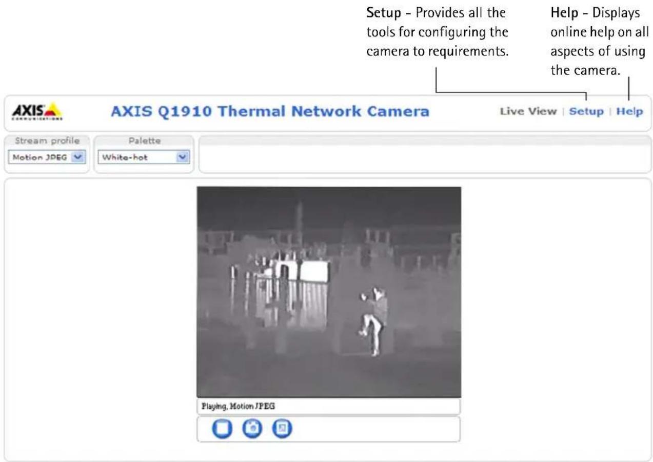 Setup - Provides all the tools for configuring the camera to requirements. Help - Displays online help on all aspects of using the camera. AXIS Q1910 Thermal Network Camera Live View | Setup | Help Stream profile Motion JPEG Palette White-hot Playing, Motion JPEG