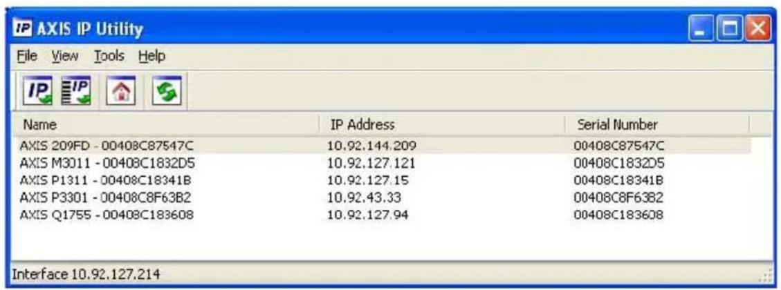 IP AXIS IP Utility File View Tools Help Name IP Address Serial Number AXIS 209FD - 00408C87547C 10.92.144.209 00408C87547C AXIS M3011 - 00408C1832D5 10.92.127.121 00408C1832D5 AXIS P1311 - 00408C18341B 10.92.127.15 00408C18341B AXIS P3301 - 00408C8F63B2 10.92.43.33 00408C8F63B2 AXIS Q1755 - 00408C183608 10.92.127.94 00408C183608 Interface 10.92.127.214