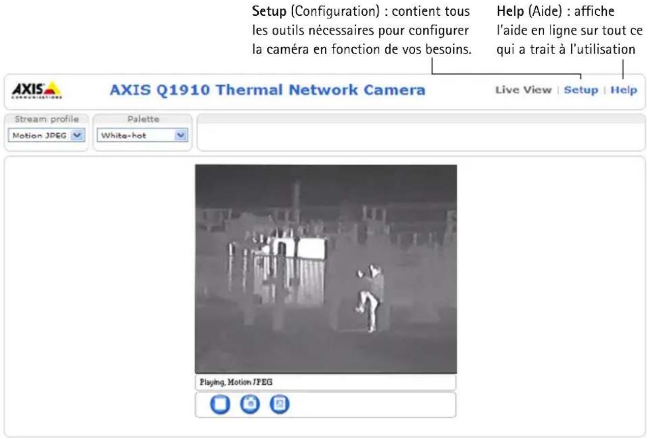 Setup (Configuration) : contient tous les outils nécessaires pour configurer la caméra en fonction de vos besoins. Help (Aide) : affiche l'aide en ligne sur tout ce qui a trait à l'utilisation AXIS Q1910 Thermal Network Camera Live View | Setup | Help Stream profile Motion JPEG Palette White-hot Playing, Motion JPEG